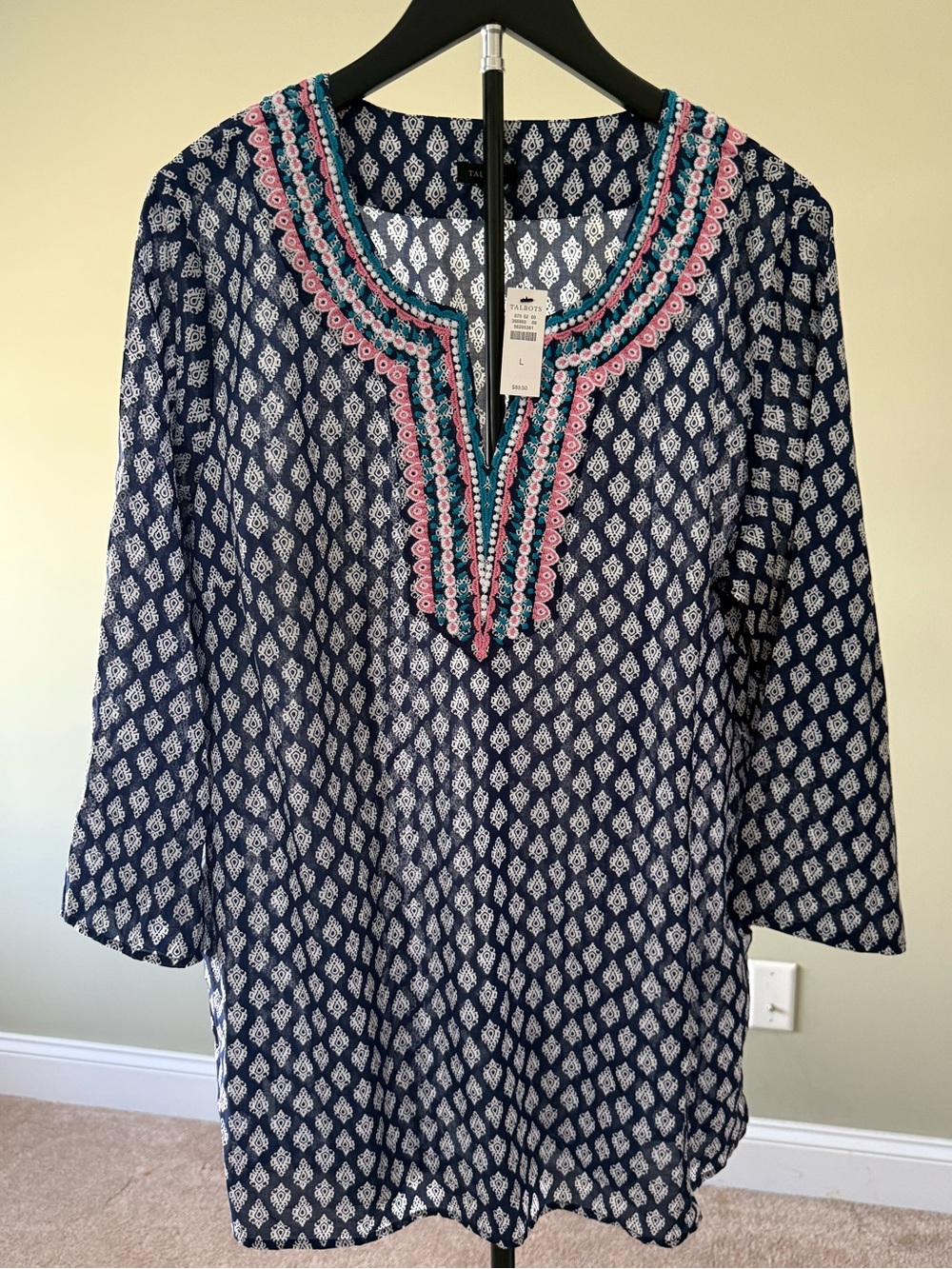 NWT Talbots Navy Tunic w Pink & Teal Embroidered Medallion Print Sz L (22" P2P)